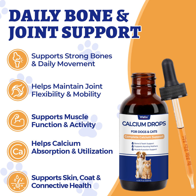 Wellix 4.06 fl oz Liquid Calcium Supplement for Dogs and Cats | Cat & Dog Calcium Supplement with Collagen & Vitamins for Whelping Dogs to Support Strong Bones, Muscles & Calcium Absorption