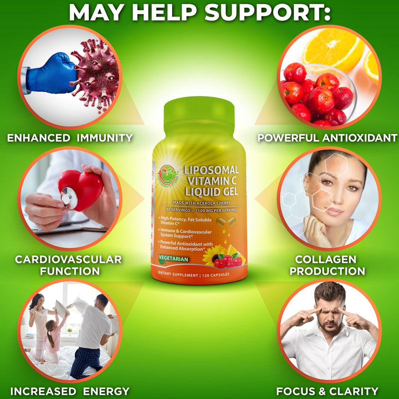 Liposomal Vitamin C Liquid Gel Capsules 1100mg - Made with Organic Acerola | Vitamin C Capsules for Immune Support - High Potency, Enhanced Absorption & Bioavailability, Daily Antioxidant Support, 120ct Liquid Liposomal Capsule 1100mg - 120 ct