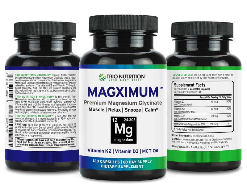 Trio Nutrition Magximum Magnesium Glycinate + Vitamin D3, K2 MK-7 & MCT | MagX magnesium for men and women: 4-in-1 advanced formula, 2-month supply for calm, relaxation, recovery & well-rested.* Magnesium Glycinate with Vitamin K2 & Vitamin D3