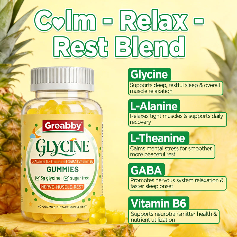 Glycine Gummies, Glycine 3g with Alanine 1000mg for Sleep Muscle Relaxation | Glycine Supplements with L Theanine, GABA, Vitamin B6, Support Adults Sleep, Sugar Free Pineapple Flavor, 60 Gummies 1
