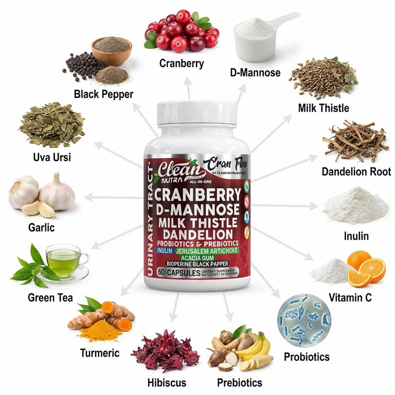 Cran Flow Cranberry Pills for Urinary Health D-Mannose Milk Thistle Dandelion Inulin Vitamin C Prebiotics and Probiotics Bladder Support By Clean Nutra