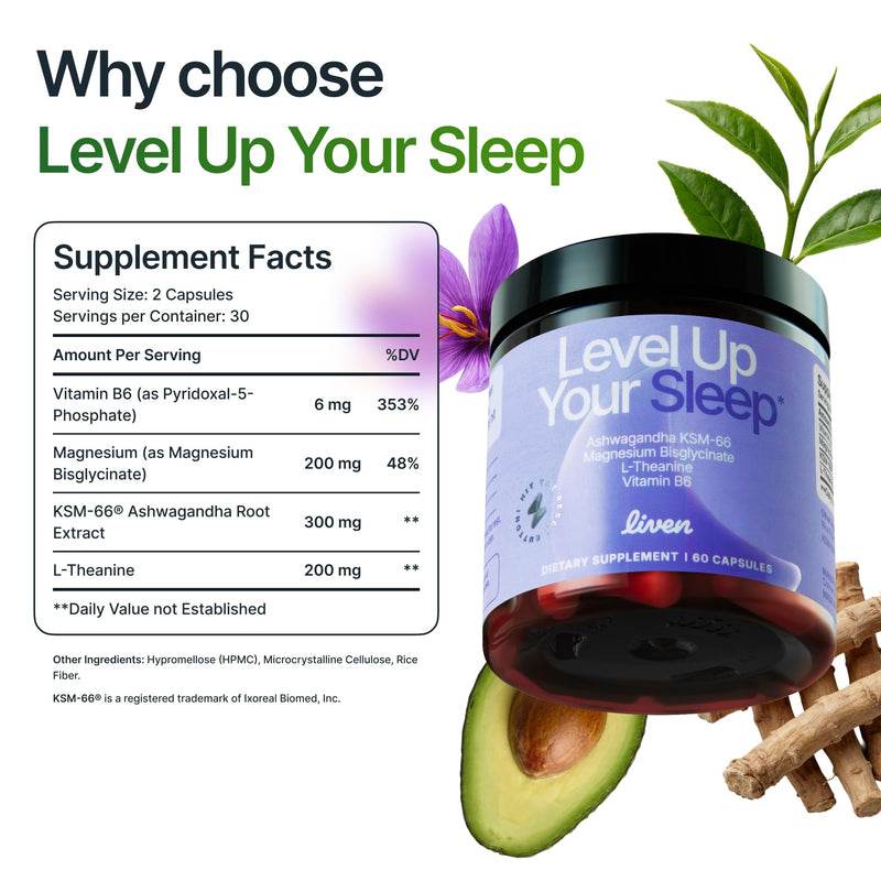 Level Up Your Sleep - Magnesium, Ashwagandha, L-Theanine & Vitamin B6 – Daily Balance & Calm Support - 30 Servings