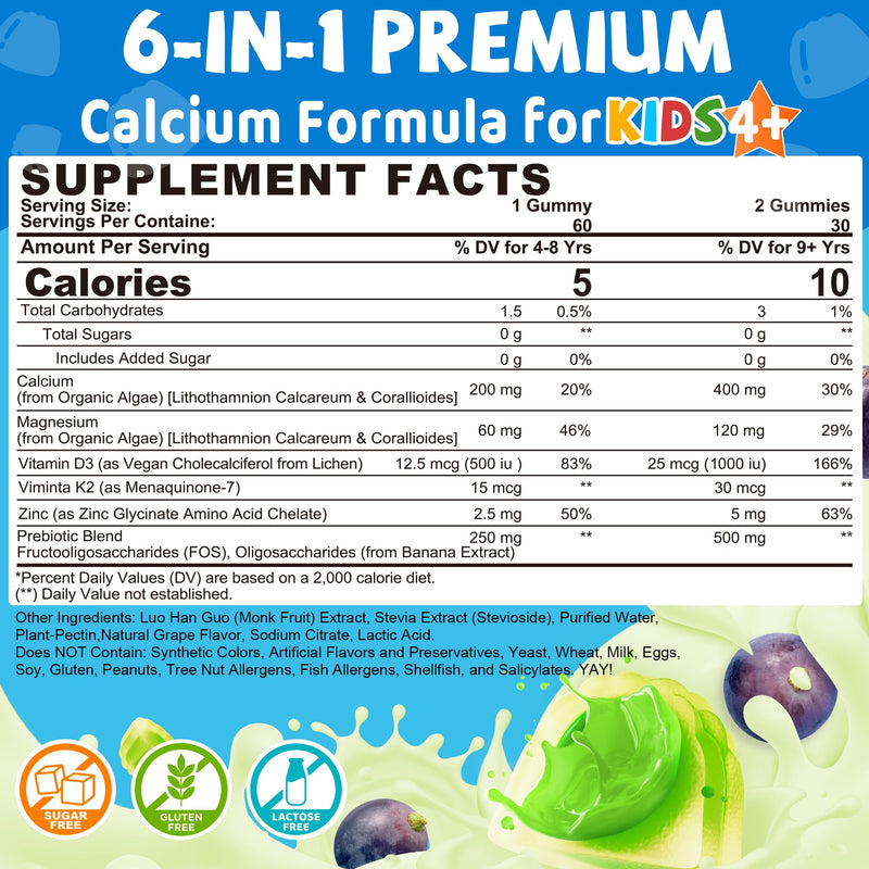 Kids Calcium Gummies + Vitamin D3 K2, Magnesium, Zinc, Extra Absorption Algae Calcium Supplement For Kids Gentle to Stomach, Bone, Teeth, Muscle, Brain, Sugar Free Chewable Kids Vitamins 4+, 60 Counts 60 Count (Pack of 1)
