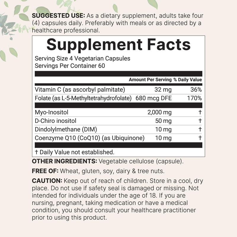 Myo-Inositol & D-Chiro Inositol 2,050mg | 240 Veggie Capsules + Vitamin C, Folate, DIM, & CoQ10 | Inositol Supplement for Women | 40:1 Ratio | Hormonal Balance & Ovarian Support | Filler Free