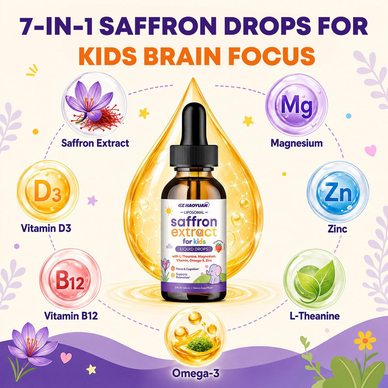 Liposomal Kids Saffron Drops, Saffron Supplements for Kids with L-Theanine, Magnesium, Omega-3 DHA EPA, Vitamin D3 & B12, Focus & Calm Mood Support for Children, Strawberry Flavor, 2 FL OZ