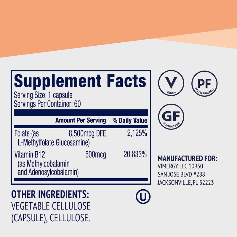 Vimergy 5-MTHF Vegan Capsules for Brain Energy Supplement, 60 Servings | Nootropic Promotes Brain Energy and Cognition* with 8500 mcg L-Methylfolate Glucosamine and 500 mcg Vitamin B12 Supplement