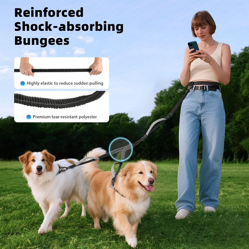 Hands Free Dog Leash, Waist Leash for 2 Dogs, Adjustable Double Hands Free Lead with Detachable Waist Belt, Padded Handles, Shock Absorbing Bungee for Walking Jogging Hiking, Black+Gray 6.9ft