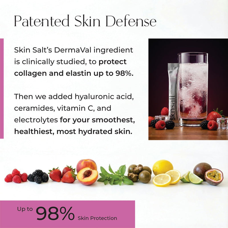 SKIN SALT® Electrolyte Powder Drink Mix - Triple Berry Burst - with Vitamin C, Hyaluronic Acid, Ceramides & DermaVal - Zero Sugar, Zero Caffeine, Vegan - 28 Stick Packs
