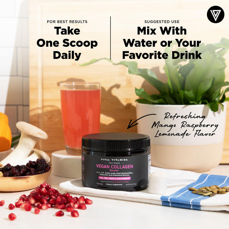 Vital Vitamins Vegan Collagen Booster Powder with Amino Acids & Vitamin C | Mango Raspberry Lemonade Flavor, Plant-Powered Collagen Support with Biotin & Hyaluronic Acid, 30 Servings 1