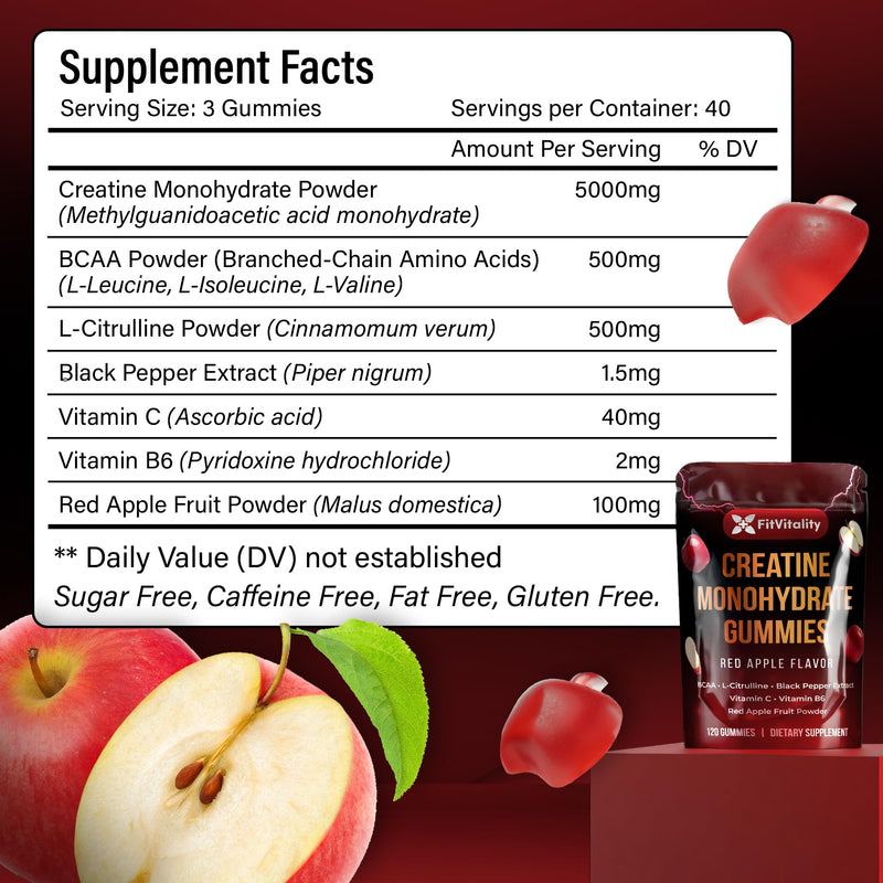 120 Creatine Monhydrate Gummies. W/ Vitamin C & B6, Black Pepper, Red Apple | Vegan, Non-GMO, Sugar-Free. Creatine Monohydrate Gummies 120 Count (Pack of 1)