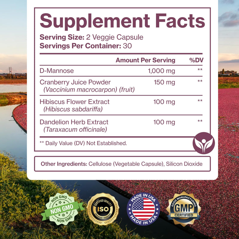 Pure D Mannose Capsules 1000mg Per Serve - Fast Acting UTI Support - Urinary Tract Cleanse & Bladder Health - Cranberry, D-Mannose, Dandelion, Hibiscus Flower - 60 Veggie Caps 1 - BeesActive Australia
