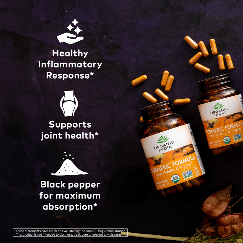 ORGANIC INDIA Turmeric Curcumin with Black Pepper - Organic Turmeric Supplement and Curcumin Supplement, Turmeric Capsules, Joint Support & Immune System Support, Whole Root, Trikatu - 90 Capsules 90 Count (Pack of 1) - BeesActive Australia