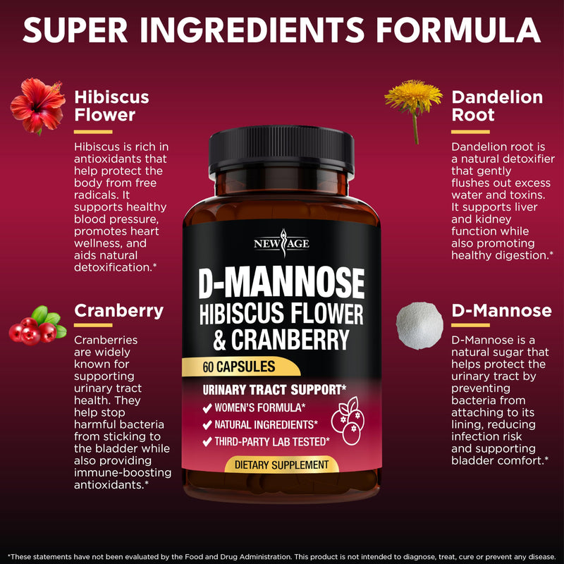 NEW AGE D-Mannose with Cranberry & Hibiscus - High Strength for Urinary Tract Health - Supplement for Women - Bladder, Liver & Microflora Support - Made in USA - Vegan, 120 Capsules 60 Count (Pack of 2) - BeesActive Australia