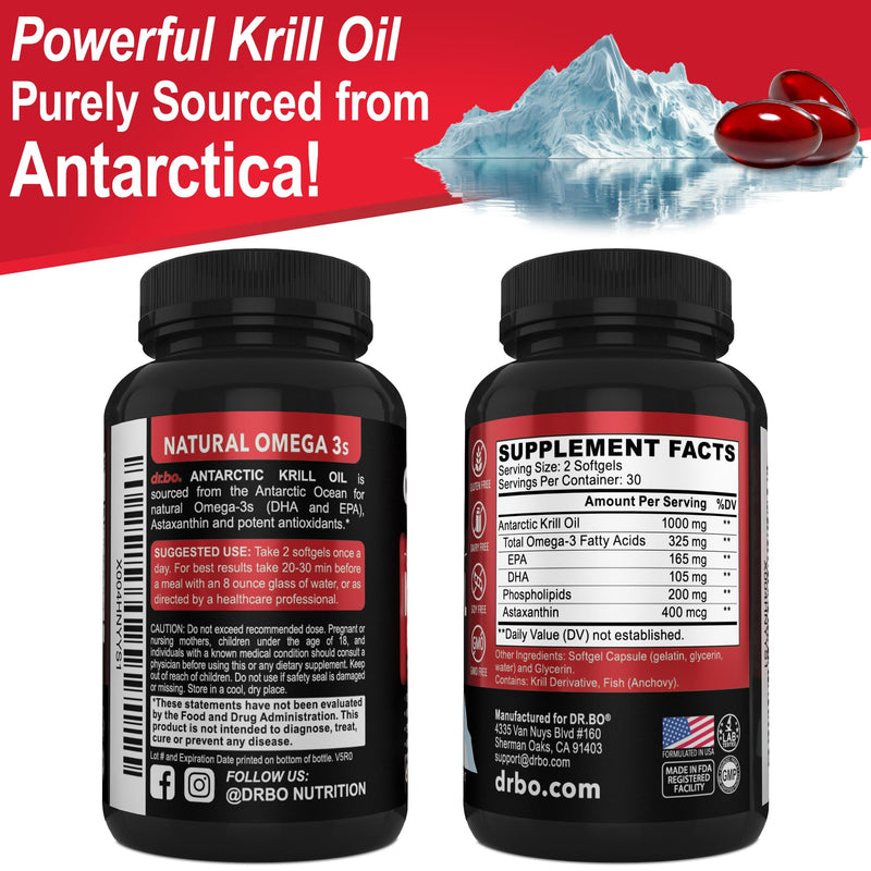 Krill Oil Omega 3 500mg - Antarctic Krill Oil 1000mg Softgels Capsules EPA, DHA, Astaxanthin, Phospholipids - Omega 3 Fatty Acids Supplements, Natural Pure Supplements for Women & Men - 60 Softgels