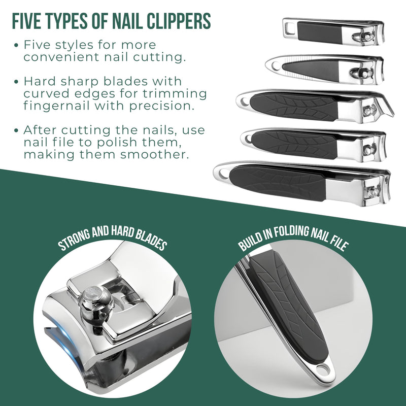Nail Clippers Set Fingernail and Toenail Clipper Cutters for Men and Women, Professional Manicure Pedicure Grooming Kit, 40 Pieces Stainless Steel Nail Care Tools Travel Case (Green) - BeesActive Australia
