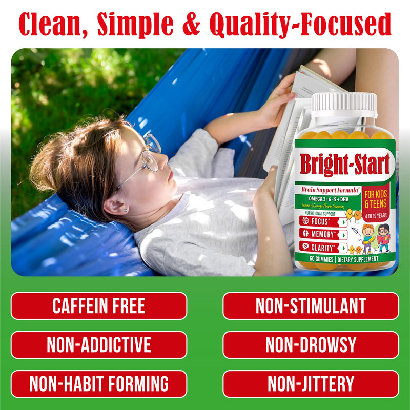 BrightStart Focus Gummies for Kids & Teens – Kids Focus and Attention Supplements with Omega 3 DHA, Brain Support Supplement for Teens, Kids Omega 3 Gummies, Daily Children’s Focus Gummy, 60 Ct