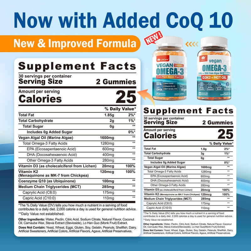 Omega-3 Gummies + CoQ10 + D3 K2 (MK7) for Women Men, EPA 600mg & DHA 400mg | Omega 3 Fish Oil Alternative, No Fish Taste, Omega 3 Fatty Acids Supplements, for Brain, Eye, Immune, Sugar Free, 1 Pack 60 Count (Pack of 1)
