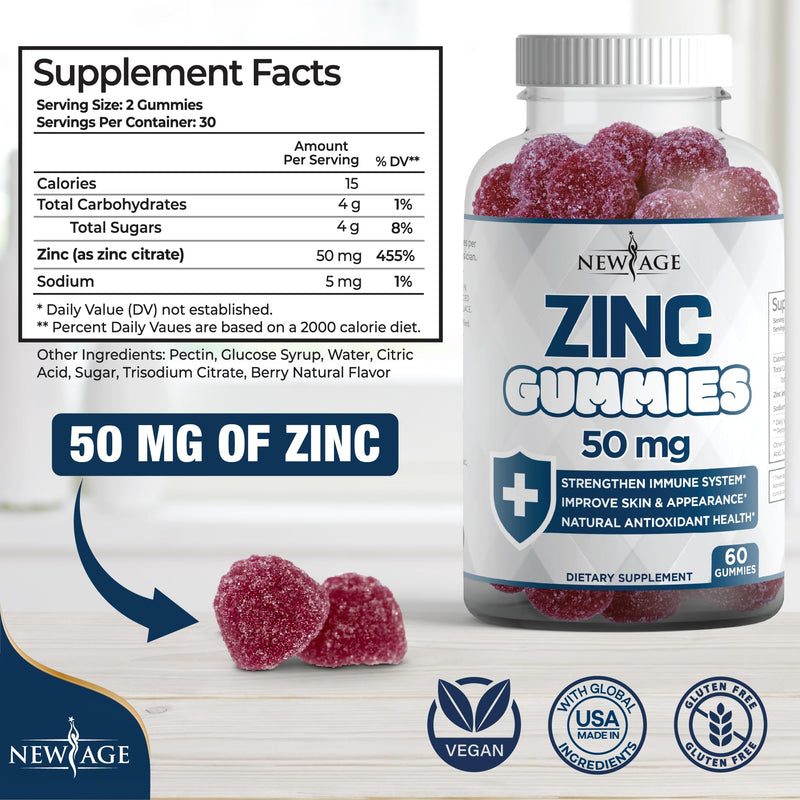 Zinc Gummies - 2 Pack - 50mg High Immune Booster Zinc Supplement, Immune Defense, Powerful Natural Antioxidant, Non-GMO - by New Age, 120 Count 60 Count (Pack of 2) - BeesActive Australia