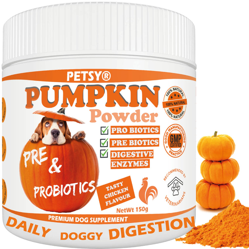 Pumpkin Powder for Dogs Digestive Supplement for Anal Gland Dog Diarrhea Treatment Prebiotics Probiotics for Dogs UK Dog Food Topper, Puree Powder Tasty Chicken Flavour