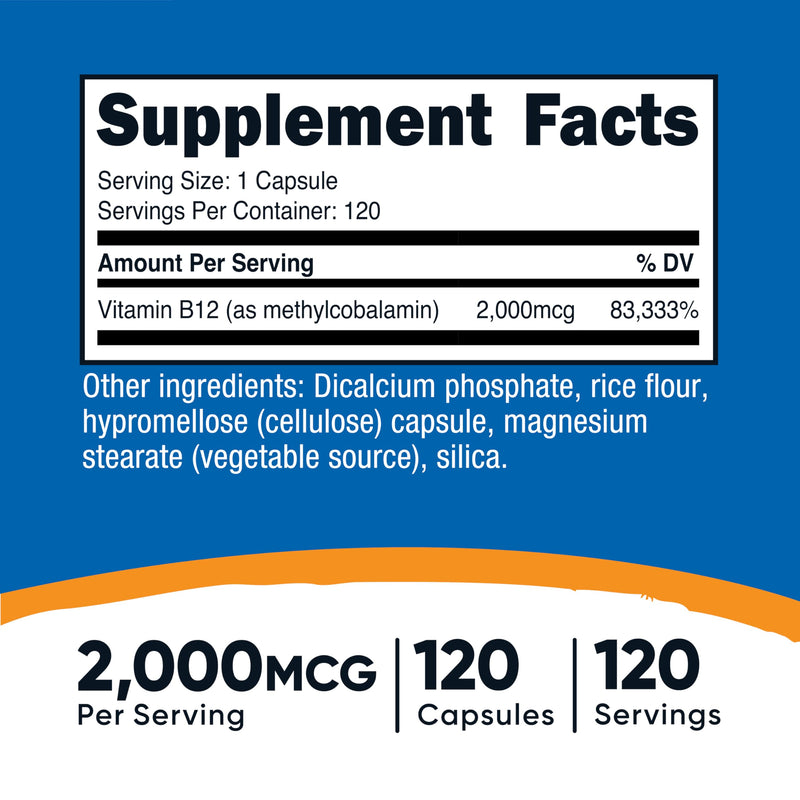 Nutricost Vitamin B12 (Methylcobalamin) 2000mcg, 120 Capsules, Gluten Free | Vegetarian Caps, GMO-Free B12 Supplement 120 Count (Pack of 1)