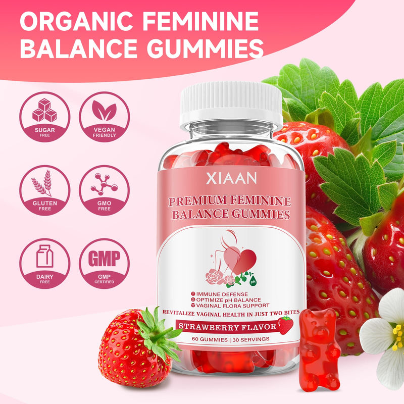 Feminine Balance Gummies for Women, Premium Feminine Balance Gummies Support PH Balance & Vaginal Health, Vegan, Gluten-Free, Strawberry Flavor 60 Gummies 60 Count (Pack of 1)
