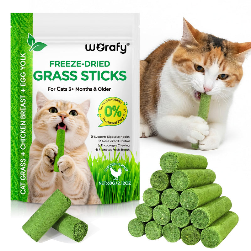 60g Cat Grass Sticks, Freezed Dried Cat Grass SticksSnacks for Teeth Cleaning and Hairball Removal Toy, Grass Stick Chew Dental Food for Indoor Kitty Lickable Edible Snack