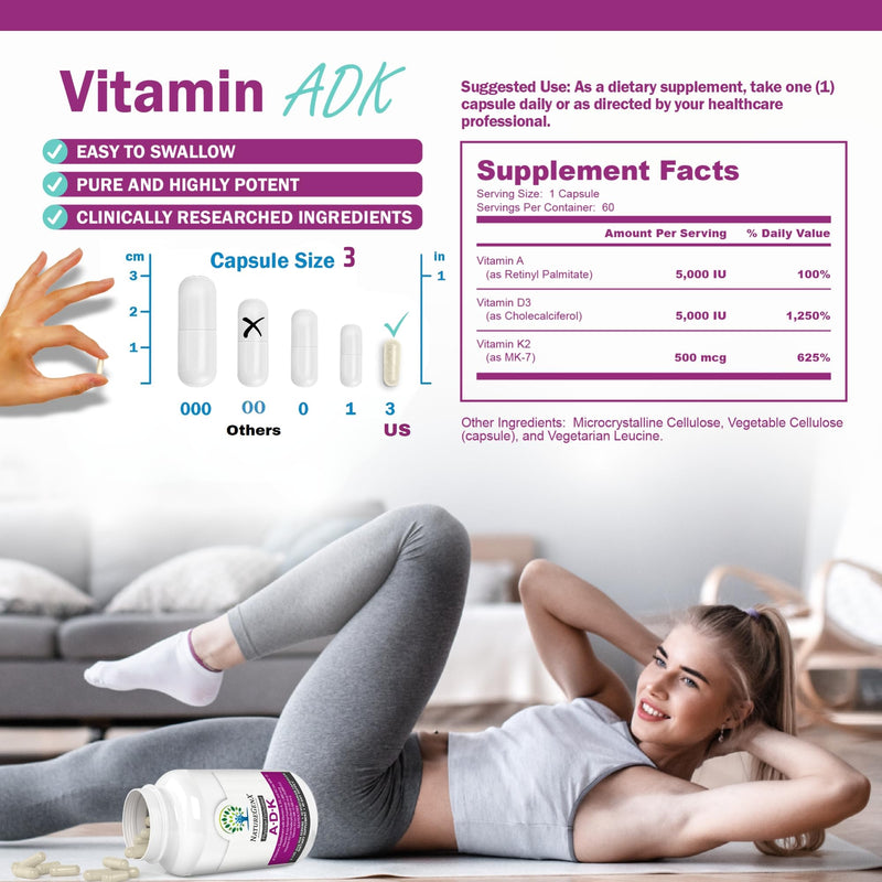 ADK Vitamin Supplement 5000 IU - High Potency Vitamins A, D3, and K2 for Bone Health and Calcium Absorption | Gluten-Free Vitamin ADK Supplement, 60 Day Supply, 60 Capsules 60 Count (Pack of 1) - BeesActive Australia