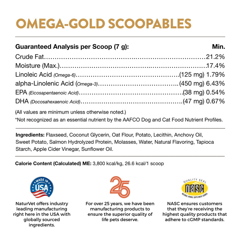 NaturVet Scoopables Omega-Gold Anchovy Oil & Salmon Supplement For Dogs and Cats - Supports Healthy Skin & Coat Plus DHA, EPA, Omega-3, & Omega-6 - Anchovy & Salmon Flavored For Dog and Cat | 11oz Bag 45 Scoops