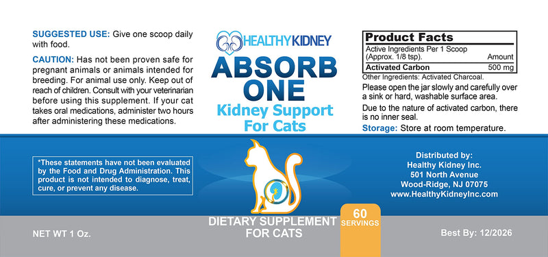 Cat Kidney Support Supplement for Normal Kidney Function in Cats. Natural Feline Kidney Cleanse Take with Any Kidney Cat Diet Food. Vet-Formulated 1/8 TSP a Day 60 Servings: Absorb One