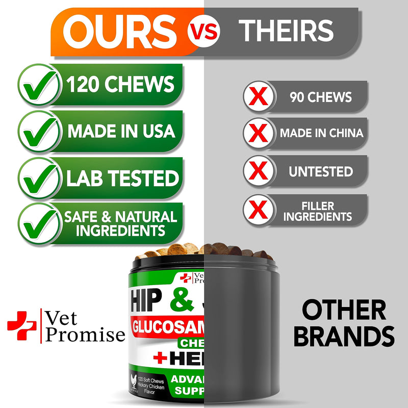 Vet Promise Hemp Hip and Joint Support Supplement for Dogs - Glucosamine for Dogs - Hemp Oil, MSM, Chondroitin - Support for Joint Pain Relief and Health - 120 Soft Chews - Made in USA