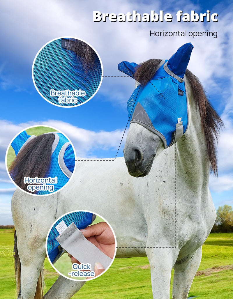DEERFAMY Fly Masks for Horses,Breathable UV Protection Net Mesh Mask Stretchy Mesh Large Eye Space in Full Coverage,Soft & Gentle on Skin,with Ears,No Nose (Blue, M) Blue Arab/Small Horse(M) - BeesActive Australia