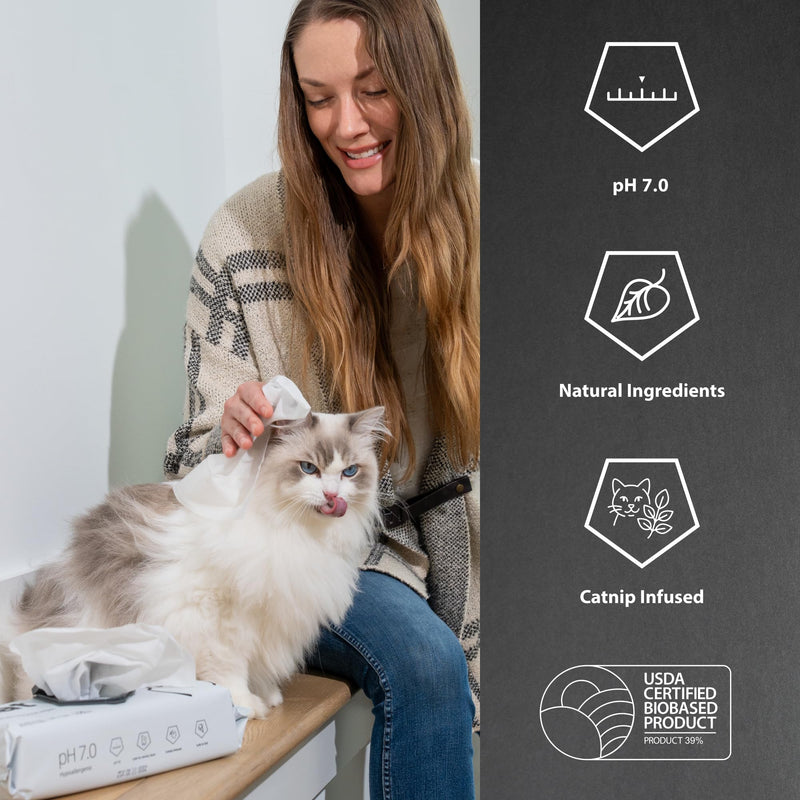 Cat Cleaning Wipes – Catnip-Infused, Fragrance-Free Grooming Wipes Made with Food-Grade Formula, Helps Reduce Plaque & Gently Clean Fur, Paws, & Teeth, 100 Count