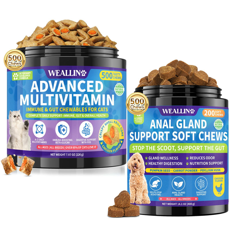 WEALLIN Cat & Dog Wellness Bundle, Taurine Cats Multivitamin Treats & Dogs Anal Gland Soft Chews, 500 Cat Chews + 200 Dog Chews for Daily Nutrition, Digestion & Gland Support