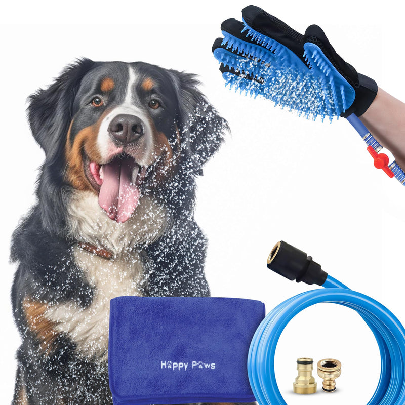 Dog Shower Attachment Glove | Pet Washing Brush Sprayer Bath Scrubber with Dog Towel | Outdoor and Indoor Bathing Hose Nozzle Grooming Mitt | Portable Wash Scrub Water Shower Spray | Blue - BeesActive Australia