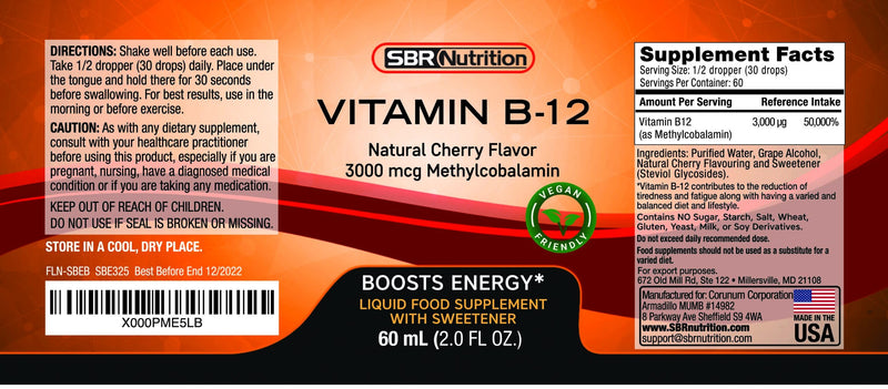 SBR Nutrition Vitamin B12 Sublingual Liquid Drops - Methylcobalamin, VIT B 12 Supports Energy, Max Absorption, 3000mcg Per Serving, 60 Servings, Non-GMO, Vegan Friendly, Manufactured in The USA Natural Cherry - 3000mcg