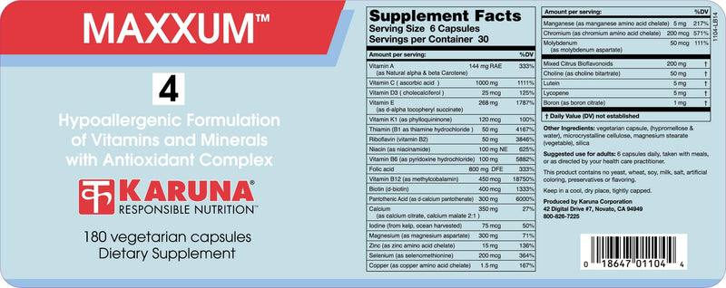 Karuna MAXXUM 4 180 Vegetarian Capsules | multivitamin and Mineral Supplement, Lutein, Zeaxanthin, Lycopene, Alpha-Carotene and Cryptoxanthin, Citrus Bioflavonoids,1:1 Calcium/Magnesium