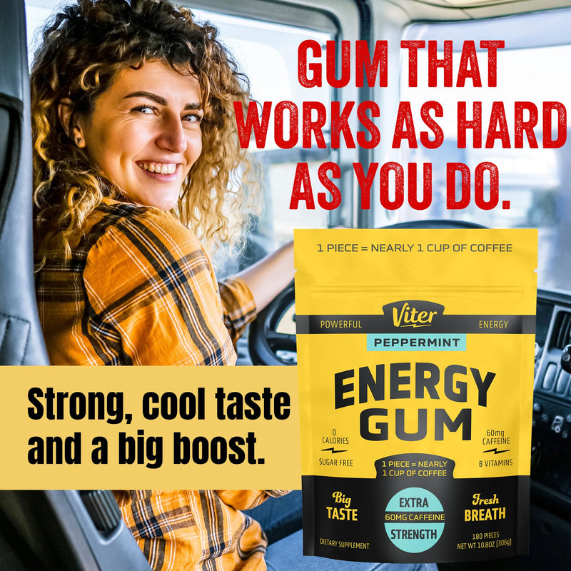 Viter Energy 60mg Caffeine Gum (Peppermint Flavor, 180 Pieces) - Sugar Free, Vitamin B3, B6, B9, B12, Zero Calories, Caffeinated Energy Chews, Nootropic Focus Supplement for Men & Women Peppermint 180 Count (Pack of 1)