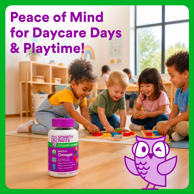 SmartyPants Toddler Organic Multi & Omegas Multivitamin Gummies with Omega 3 ALA, Vitamins D3, C, B12, B6, A, K, Zinc, Biotin, Clean Label, Mixed Berry and Cherry Flavors, 60 Gummies (30 Day Supply) 60 Count (Pack of 1) Organic + Omega