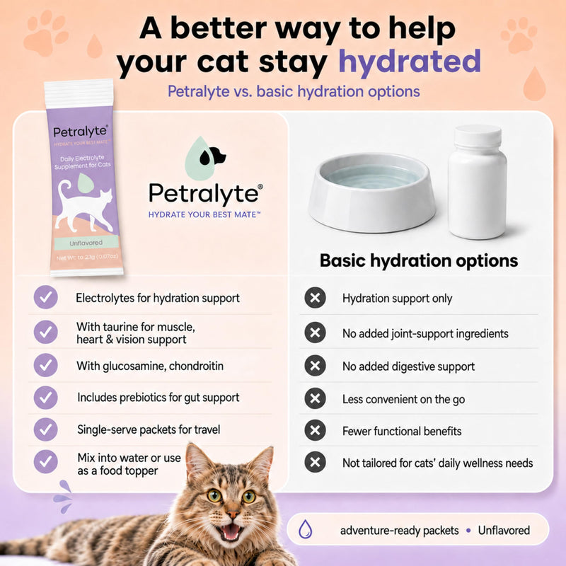 Petralyte Cat Hydration Electrolyte and Cat Joint Supplement | Hydration Support for Cats w/Glucosamine, Chondroitin, L-Glutamine, Taurine, Lysine & Prebiotics | Unflavored | 16 Packets 1-Pack (16 Packets)