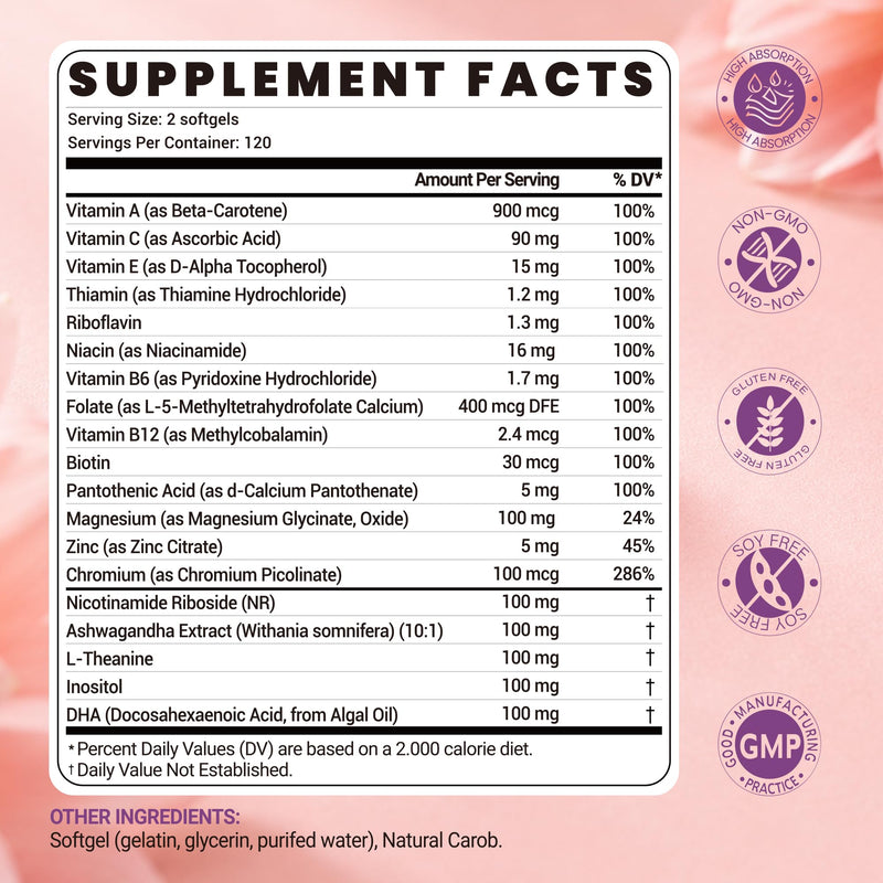 Multivitamin for Women, Daily Women’s Multivitamin 240 Softgels with Biotin, Magnesium, Zinc, Vitamins A, C, E & B Complex, Ashwagandha, DHA & L-Theanine | Hair, Skin, Nails, Calm & Immune Support