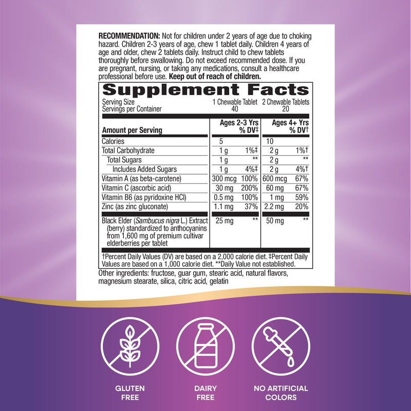 Nature's Way Sambucus Elderberry Immune Chewable for Kids, 40 ct | Immune Support*, Vitamin C, Zinc, with Superfood Antioxidants(1), Gluten-Free, Dairy-Free, No Artificial Colors