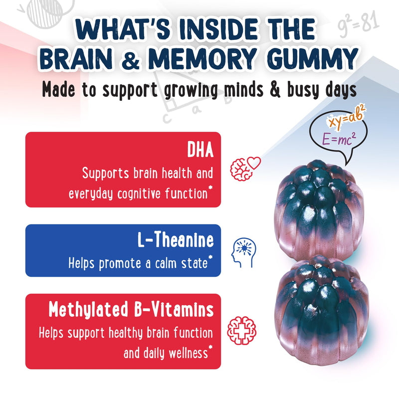 Center-Filled Brain and Focus Gummies For Kids & Teens DHA Complex Support | Memory and Cognition Supplements with DHA, Methylated B Vitamins, Folate, Zinc