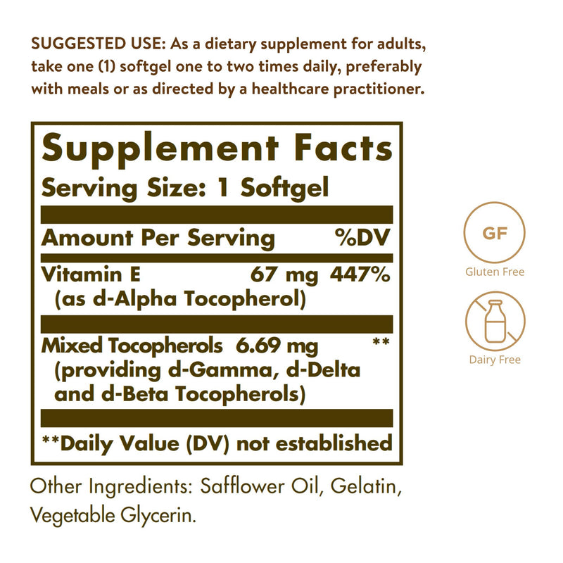 Solgar Vitamin E 67 mg (100 IU), 100 Mixed Softgels - Natural Antioxidant, Skin & Immune System Support - Naturally-Sourced Vitamin E - Gluten Free, Dairy Free - 100 Servings - BeesActive Australia