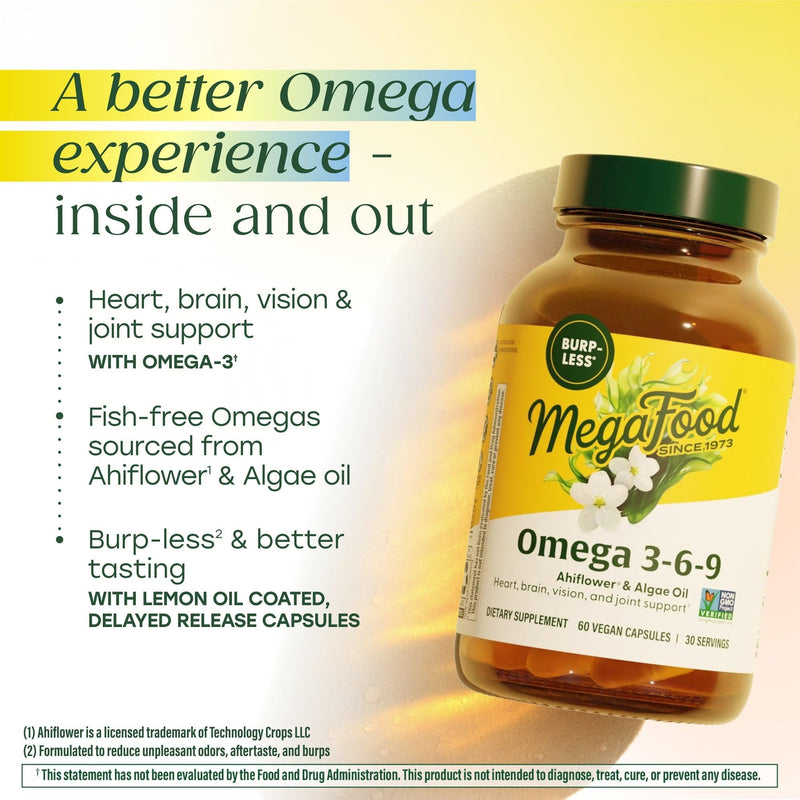 MegaFood Algae Omega 3 6 9 for Heart, Brain & Vision Support, 60 Capsules | Burp-Less Supplement, 600 mg Plant-Based Omega 3 and 150 mg DHA Per Serving for Heart, Brain & Vision, Vegan, 30 Servings