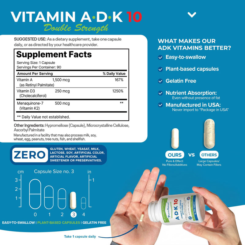 Power By Naturals ADK Vitamin Supplement – Vitamins A, D3 250 mcg & K2 MK-7 for Bone & Immune Health – Gluten-Free, Soy-Free – 180 Capsules, 2-Pack (6-Month Supply) 90 Count (Pack of 2)