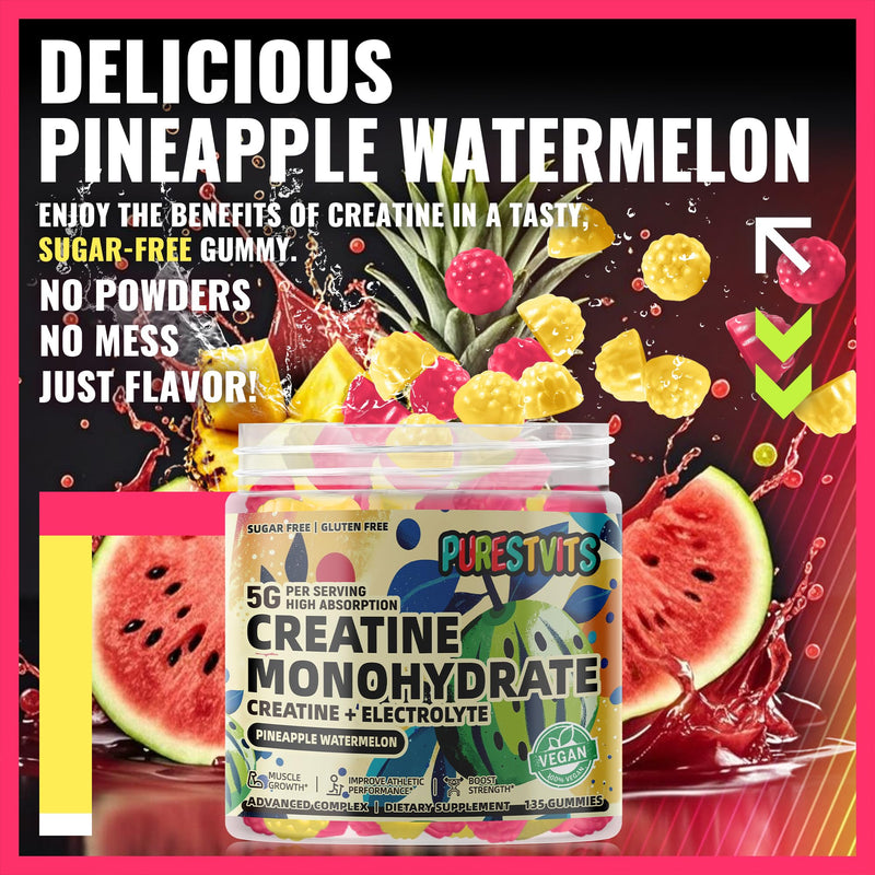 Creatine Monohydrate Gummies (5g) ‚Äì Pre-Workout Energy & Muscle Growth Support for Men & Women | Pineapple Watermelon Electrolyte Gummies (135 Count) Pineapple & Watermelon
