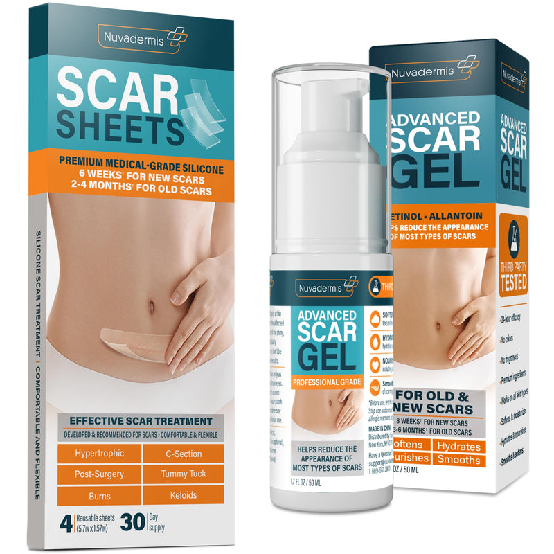 NUVADERMIS Silicone Scar Sheets & Scar Cream Gel - C-Section, Tummy Tuck, Keloid, Acne Removal Treatment - Advanced Post Surgery Supplies - Scars Removal Treatment - BeesActive Australia