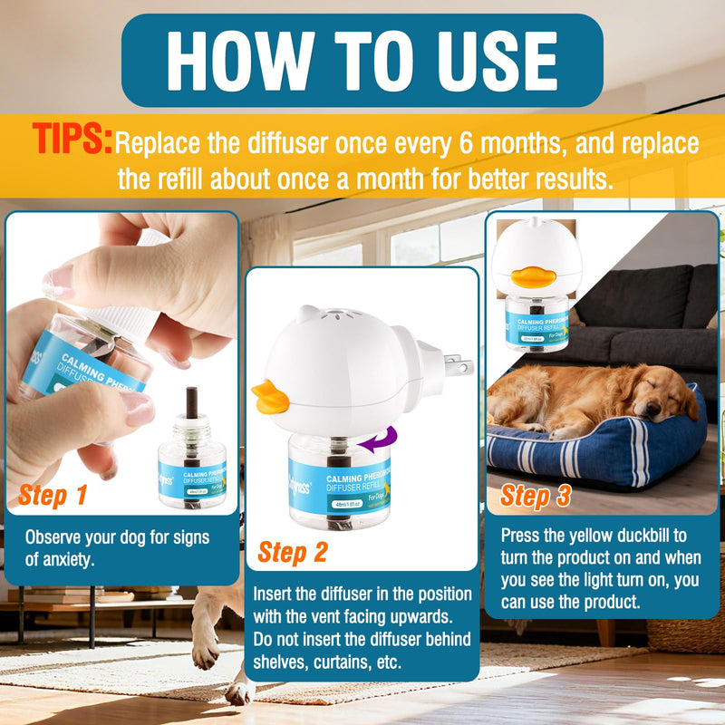 Dog Calming Pheromone Diffuser 4-In-1 Appeasing Pet Pheromone Calming Diffuser Kit (Plug in + 3 Pack 48ml Refill) for Anxiety Relief, Reduce Barking, Aggression & Stress, 90 Day Supply (Tasteless) A