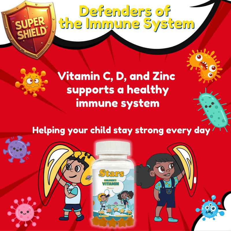 Stars Kids Multivitamin Gummies with Omega 3, Vitamins for Kids with A, B, C, D, Plant Based Multi Vitamins for Children, Manganese, 60 Star-Shaped Multivitamin for Kids, Gluten-Free Gummy Vitamins Stars Children's Vitamin