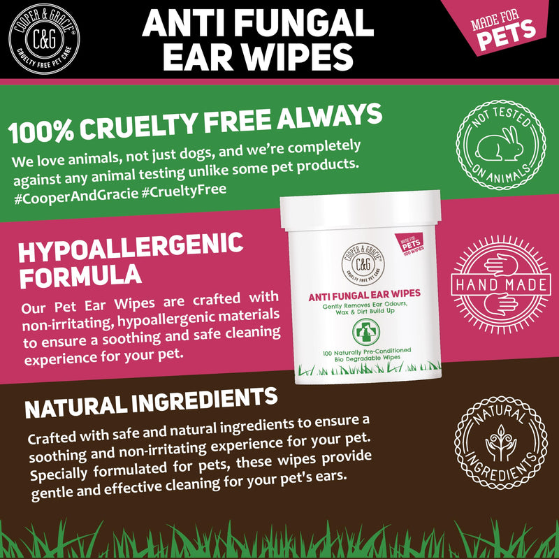 Dog Wipes | Dog Ear Wipes for Dogs & Cats by Cooper and Gracie | 100 Biodegradable Soothing Ear Cleaning Wipes for Pets | Soft, Quick, and Easy Wipes to Remove Wax and Relieve Itchy Ears